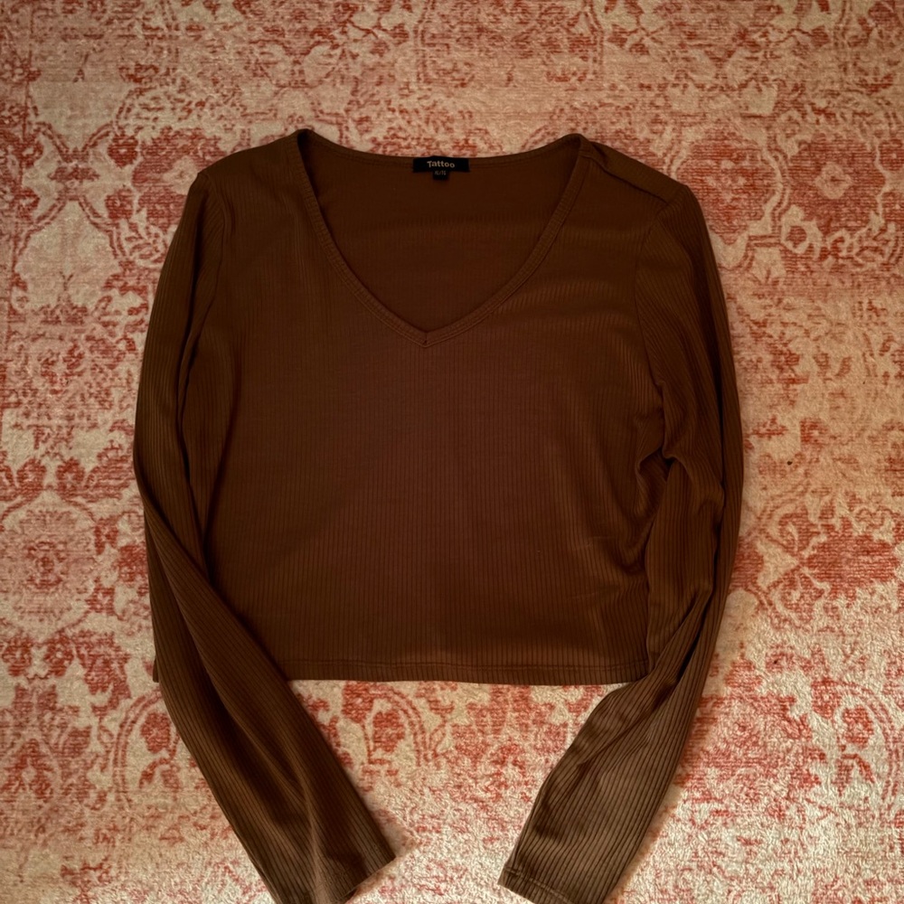 Elegant Brown Long Sleeve V-Neck Top